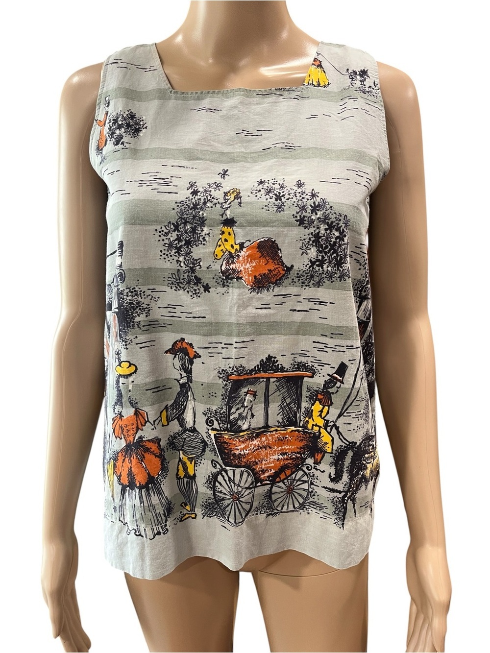 VTG Mid Century Handmade Novelty Print Top Victorian Carriage Cottagecore Shift